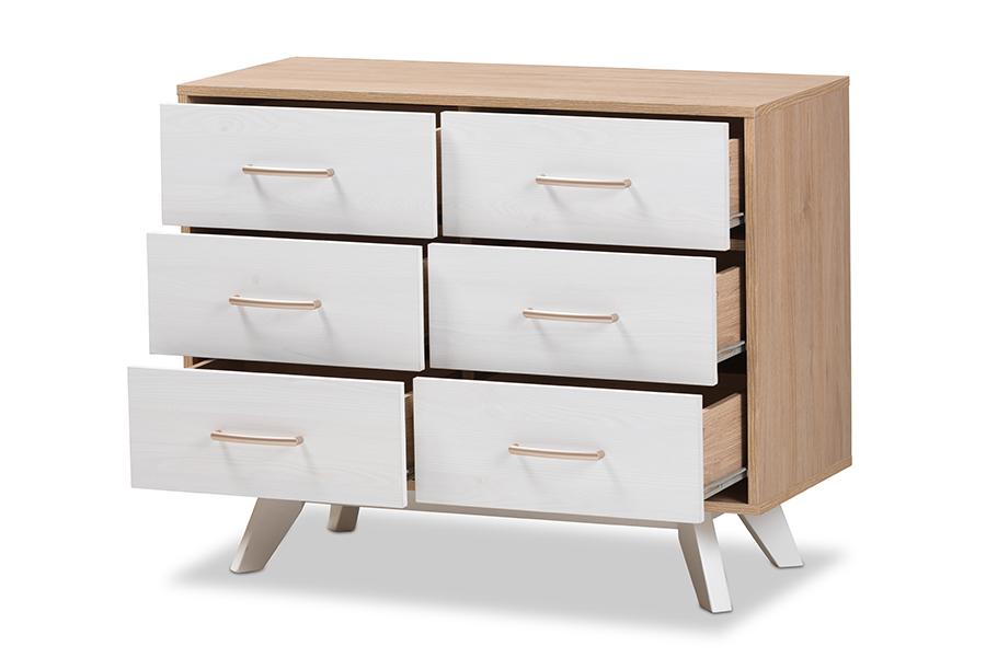 Baxton Studio Helena Mid-Century Modern Natural Oak and Whitewashed Finished Wood 6-Drawer Dresser