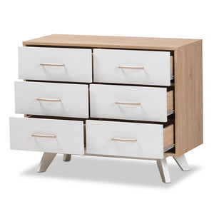 Baxton Studio Helena Mid-Century Modern Natural Oak and Whitewashed Finished Wood 6-Drawer Dresser