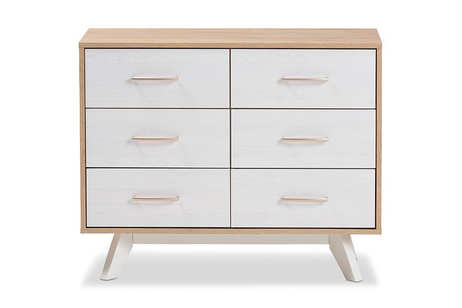 Baxton Studio Helena Mid-Century Modern Natural Oak and Whitewashed Finished Wood 6-Drawer Dresser