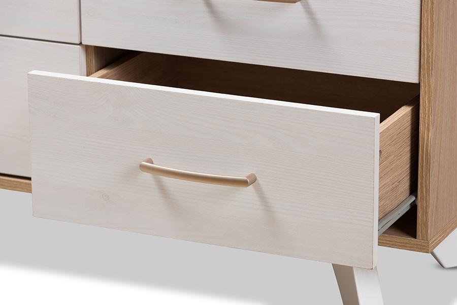 Baxton Studio Helena Mid-Century Modern Natural Oak and Whitewashed Finished Wood 6-Drawer Dresser