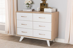 Baxton Studio Helena Mid-Century Modern Natural Oak and Whitewashed Finished Wood 6-Drawer Dresser