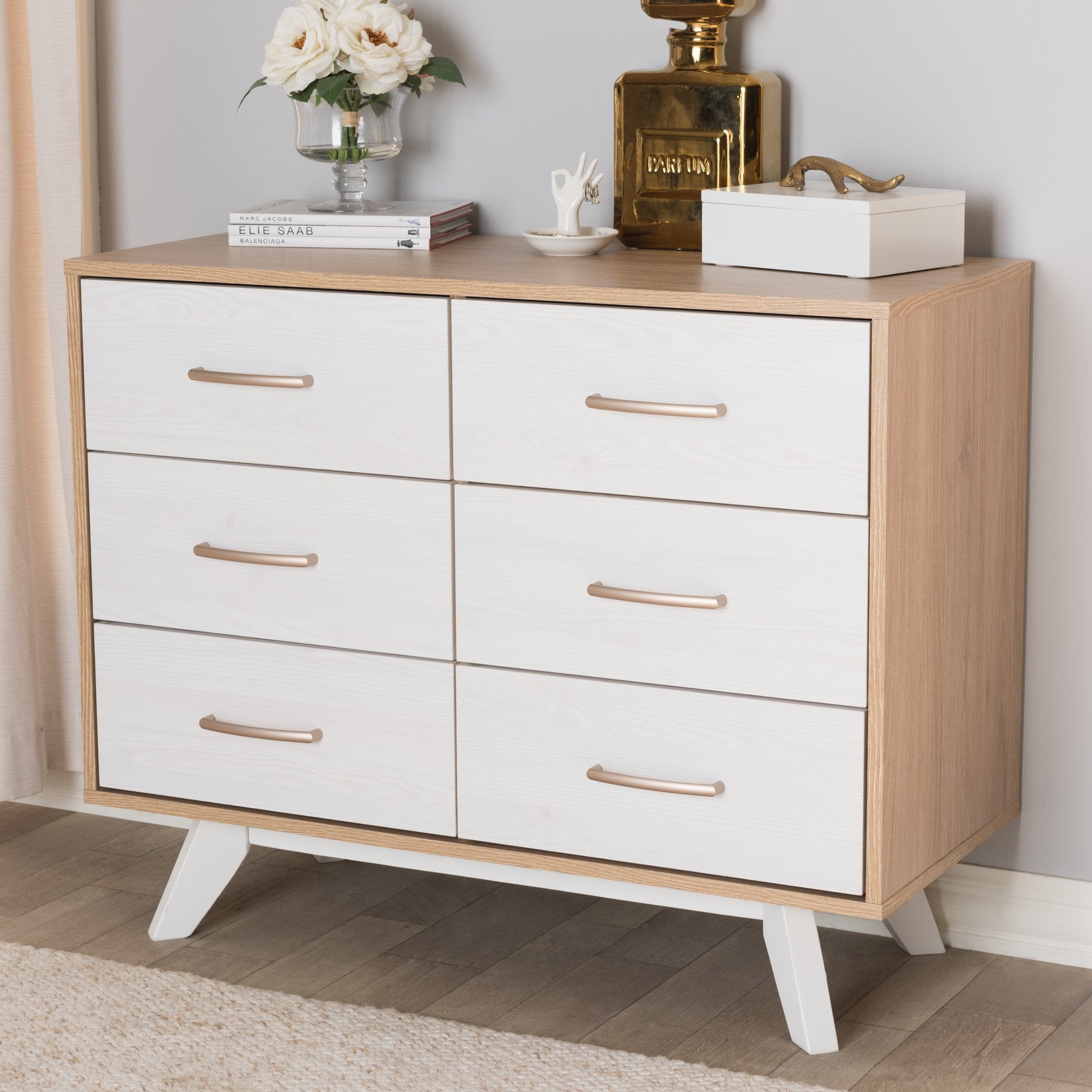 Baxton Studio Helena Mid-Century Modern Natural Oak and Whitewashed Finished Wood 6-Drawer Dresser