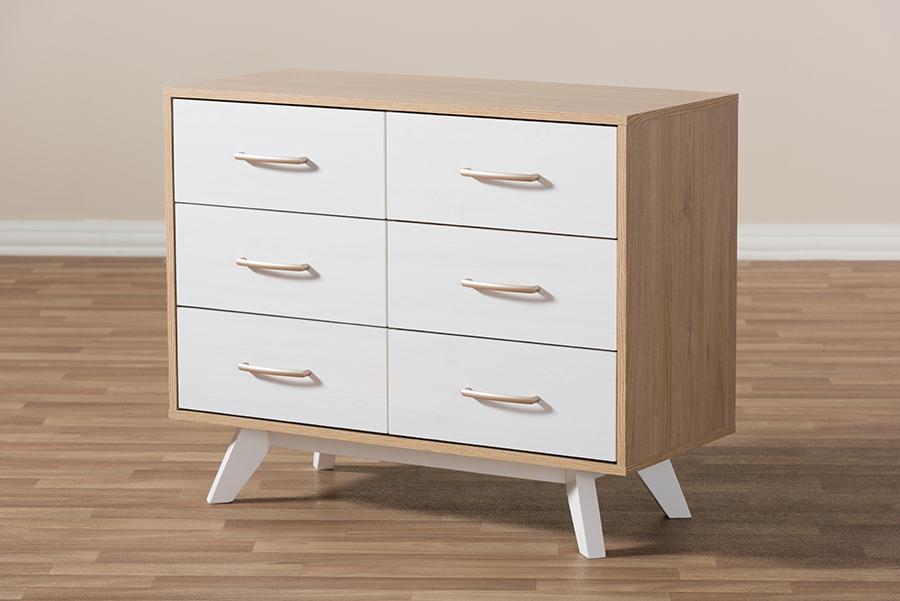 Baxton Studio Helena Mid-Century Modern Natural Oak and Whitewashed Finished Wood 6-Drawer Dresser