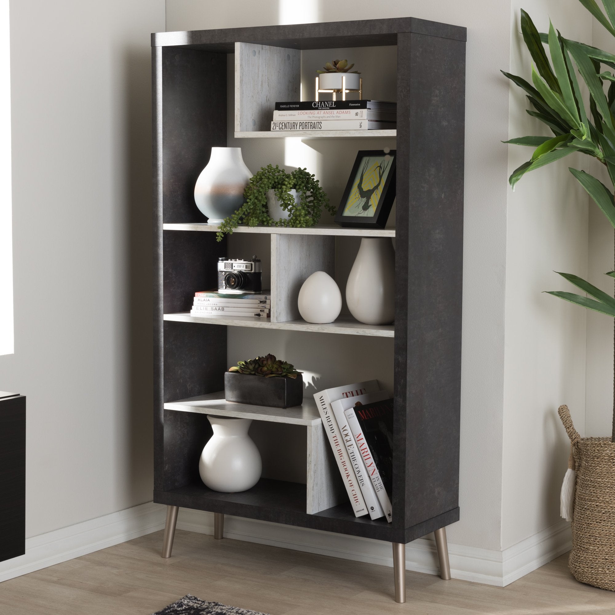 Baxton Studio Atlantic Modern and Contemporary Dark Brown and Light Grey Two-Tone Finished Wood Display Shelf