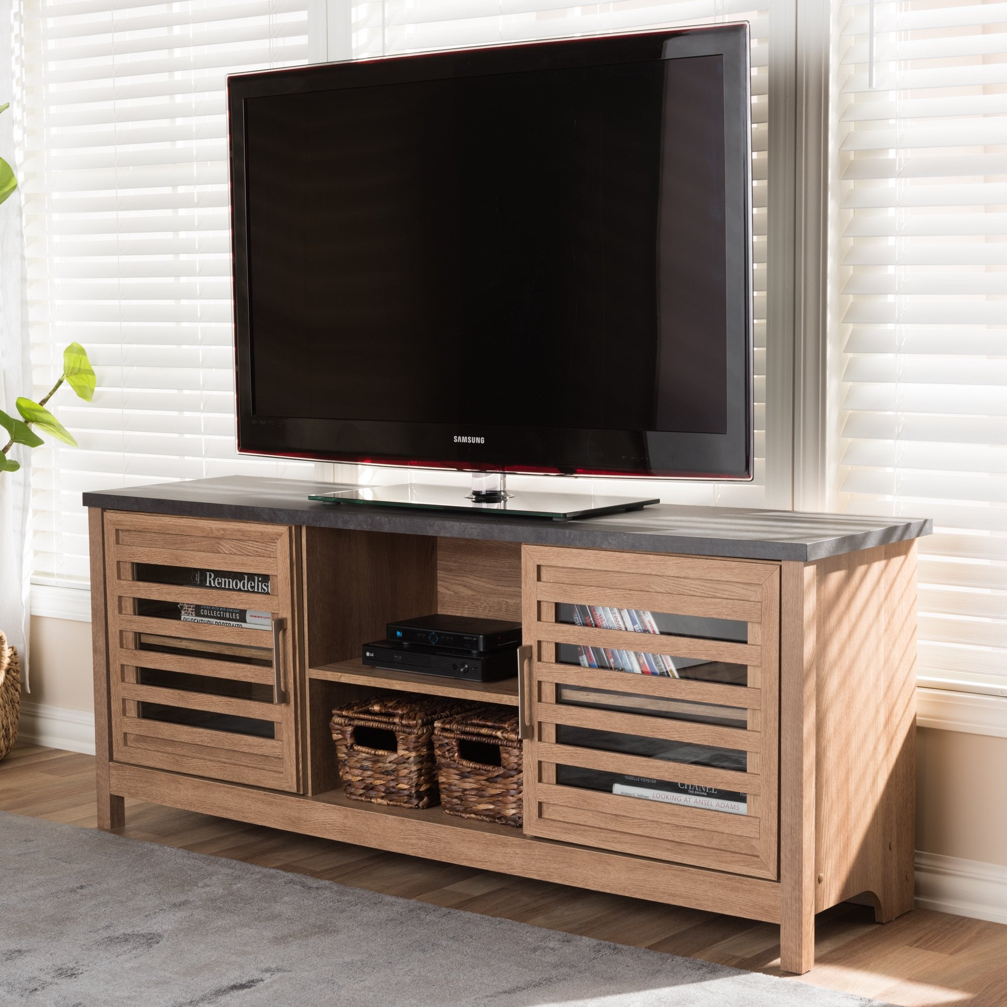 Baxton Studio Pacific Modern and Contemporary Light Brown and Grey Two-Tone Finished 59-Inch TV stand