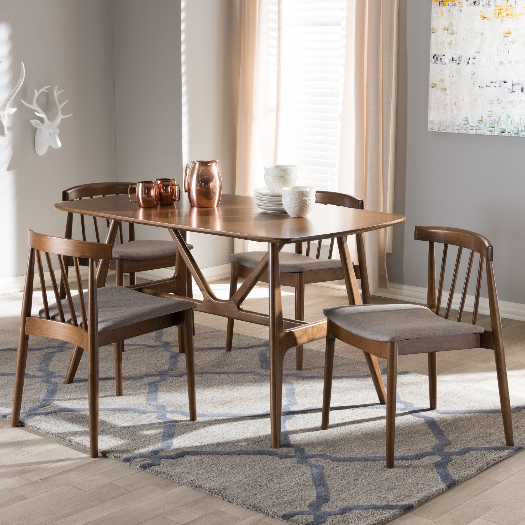 Baxton Studio Wyatt Mid-Century Modern Walnut Wood 5-Piece Dining Set