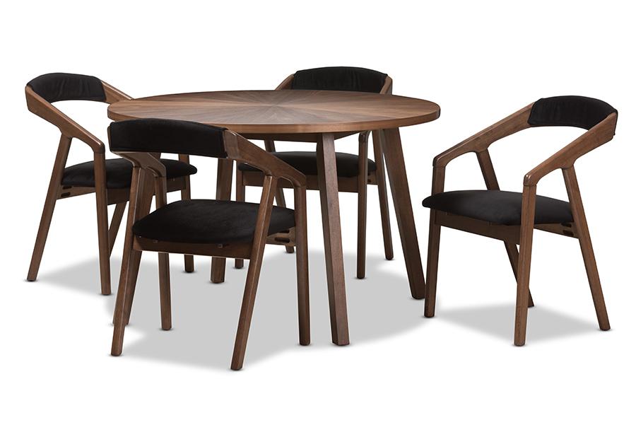 Baxton Studio Wendy Mid-Century Modern Black Fabric and Walnut Medium Brown Wood Finishing Dining Set