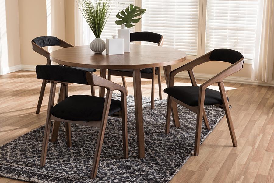 Baxton Studio Wendy Mid-Century Modern Black Fabric and Walnut Medium Brown Wood Finishing Dining Set