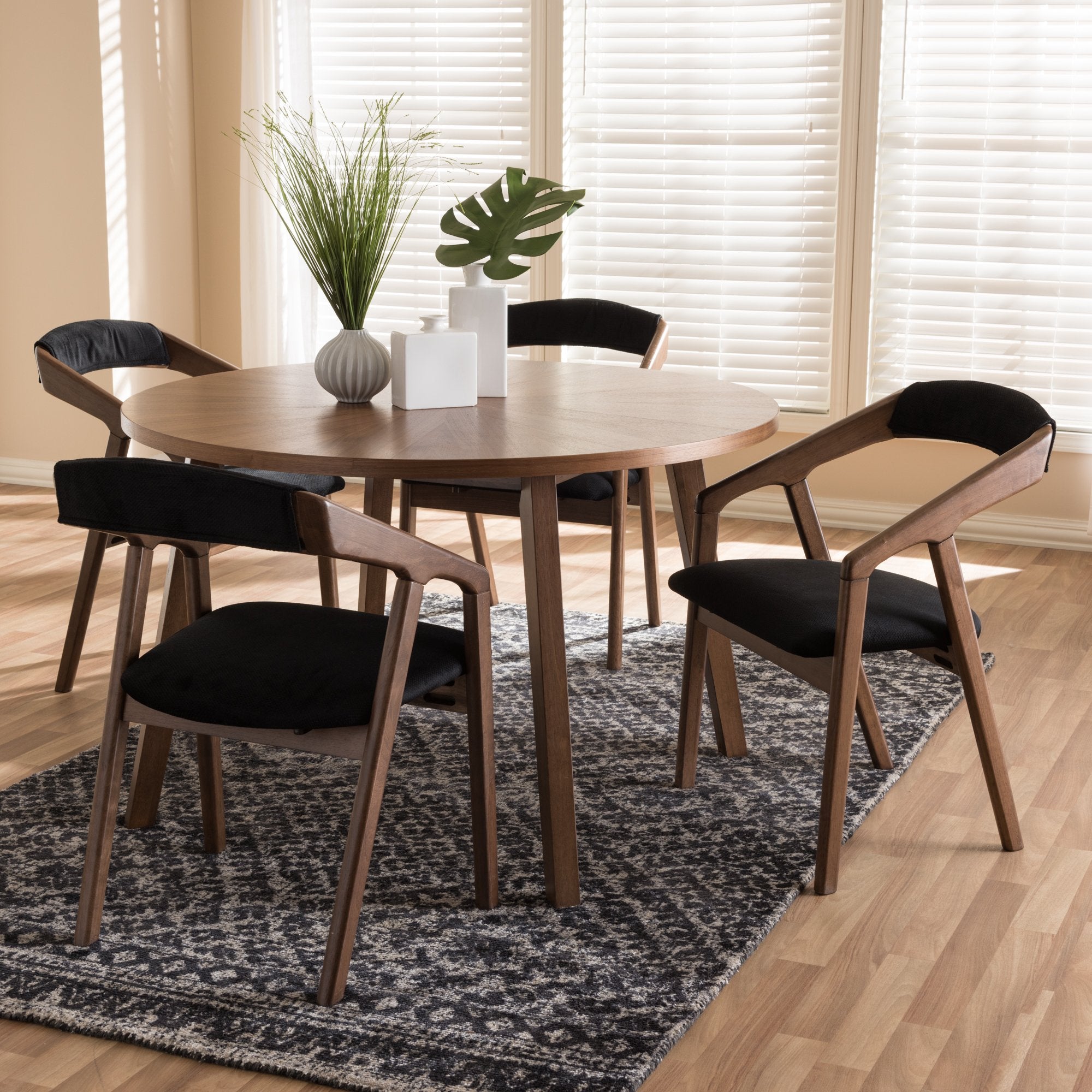 Baxton Studio Wendy Mid-Century Modern Black Fabric and Walnut Medium Brown Wood Finishing Dining Set