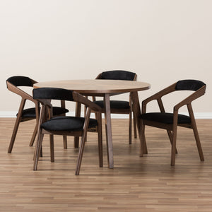 Baxton Studio Wendy Mid-Century Modern Black Fabric and Walnut Medium Brown Wood Finishing Dining Set