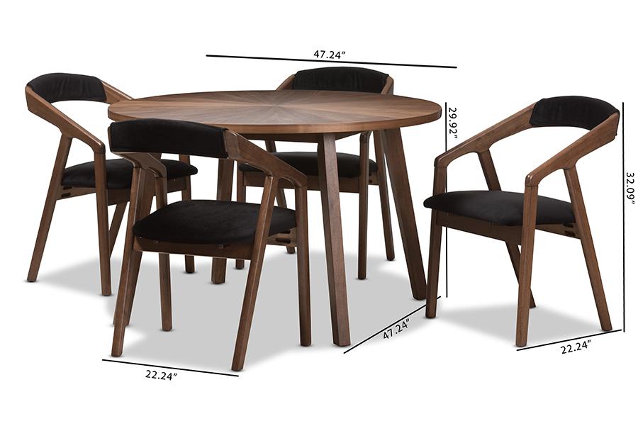 Baxton Studio Wendy Mid-Century Modern Black Fabric and Walnut Medium Brown Wood Finishing Dining Set