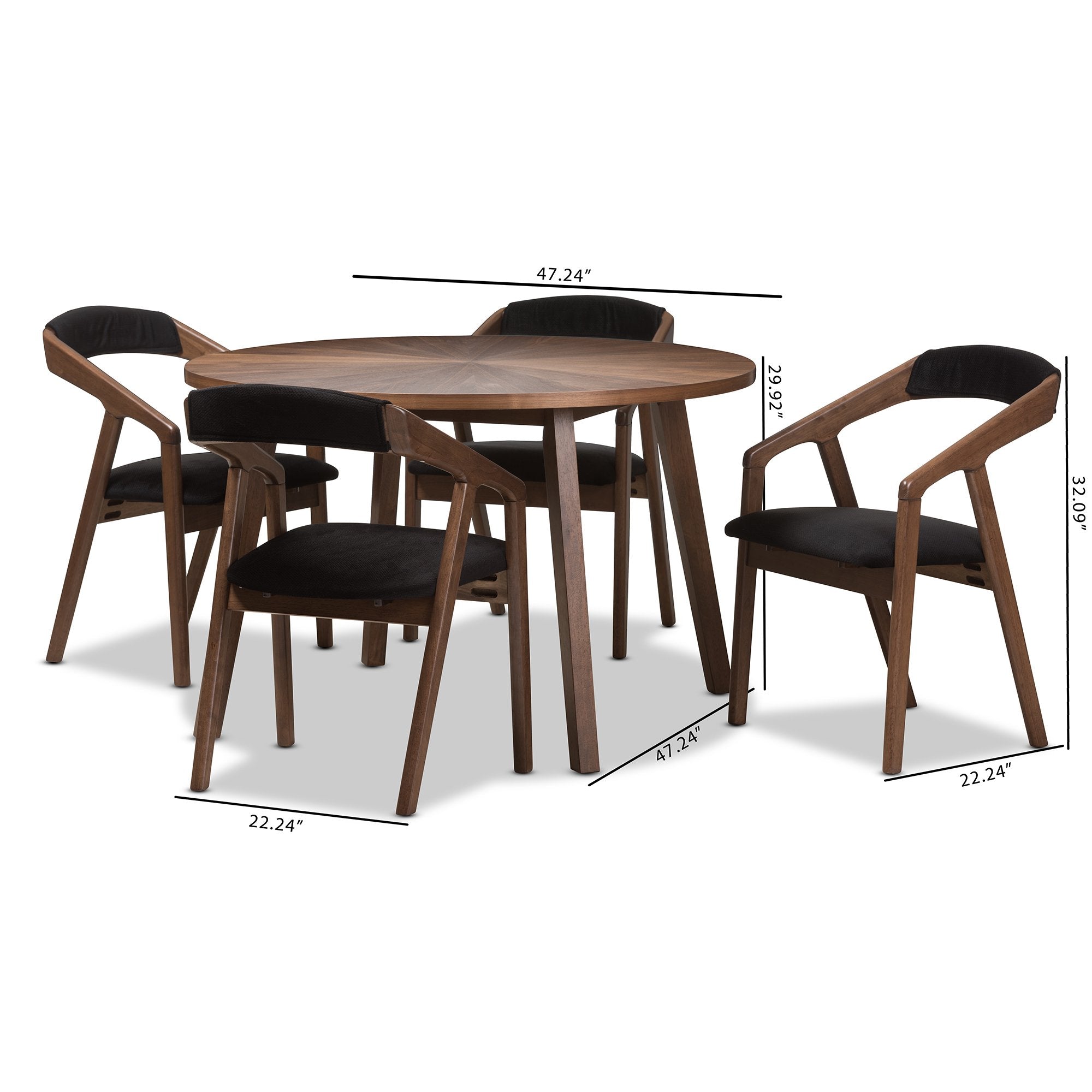 Baxton Studio Wendy Mid-Century Modern Black Fabric and Walnut Medium Brown Wood Finishing Dining Set