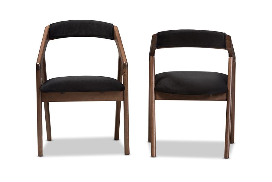 Baxton Studio Wendy Mid-Century Modern Black Velvet and Walnut Medium Brown Wood Finishing Dining Chair (Set of 2)