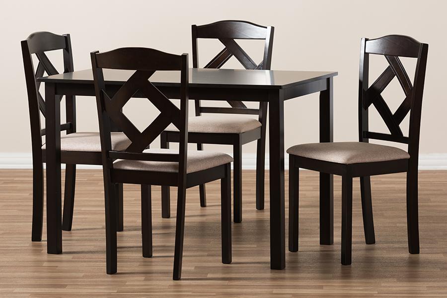 Baxton Studio Ruth Modern and Contemporary Beige Fabric Upholstered and Dark Brown Finished 5-Piece Dining Set