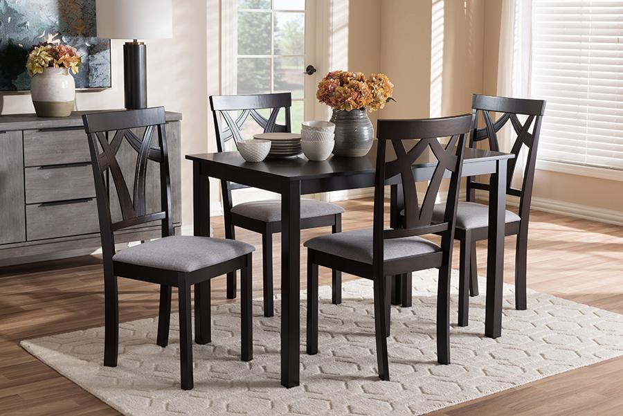 Baxton Studio Sylvia Modern and Contemporary Grey Fabric Upholstered and Dark Brown Finished 5-Piece Dining Set