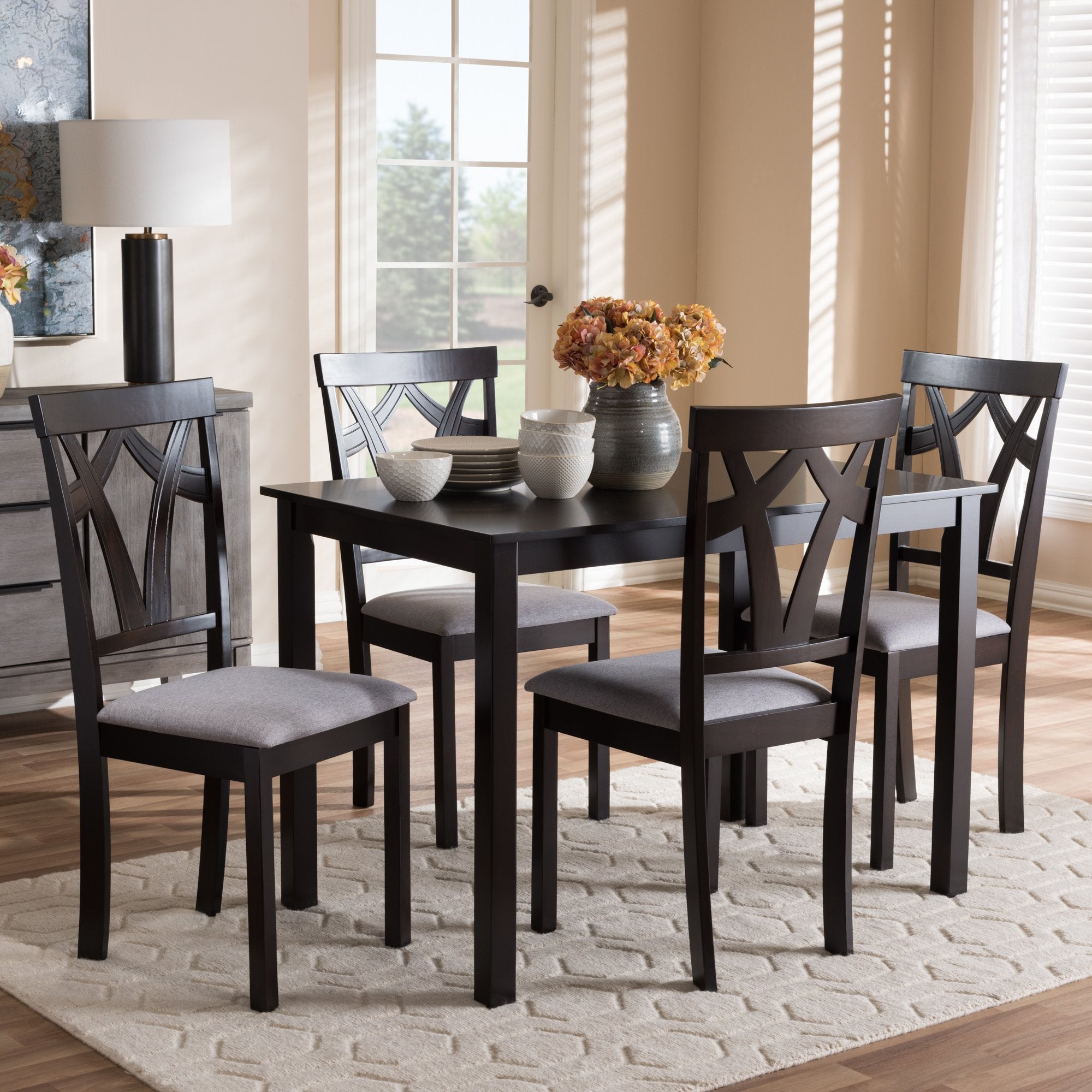 Baxton Studio Sylvia Modern and Contemporary Grey Fabric Upholstered and Dark Brown Finished 5-Piece Dining Set