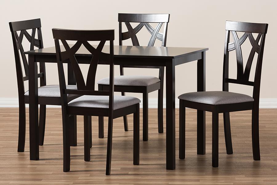 Baxton Studio Sylvia Modern and Contemporary Grey Fabric Upholstered and Dark Brown Finished 5-Piece Dining Set