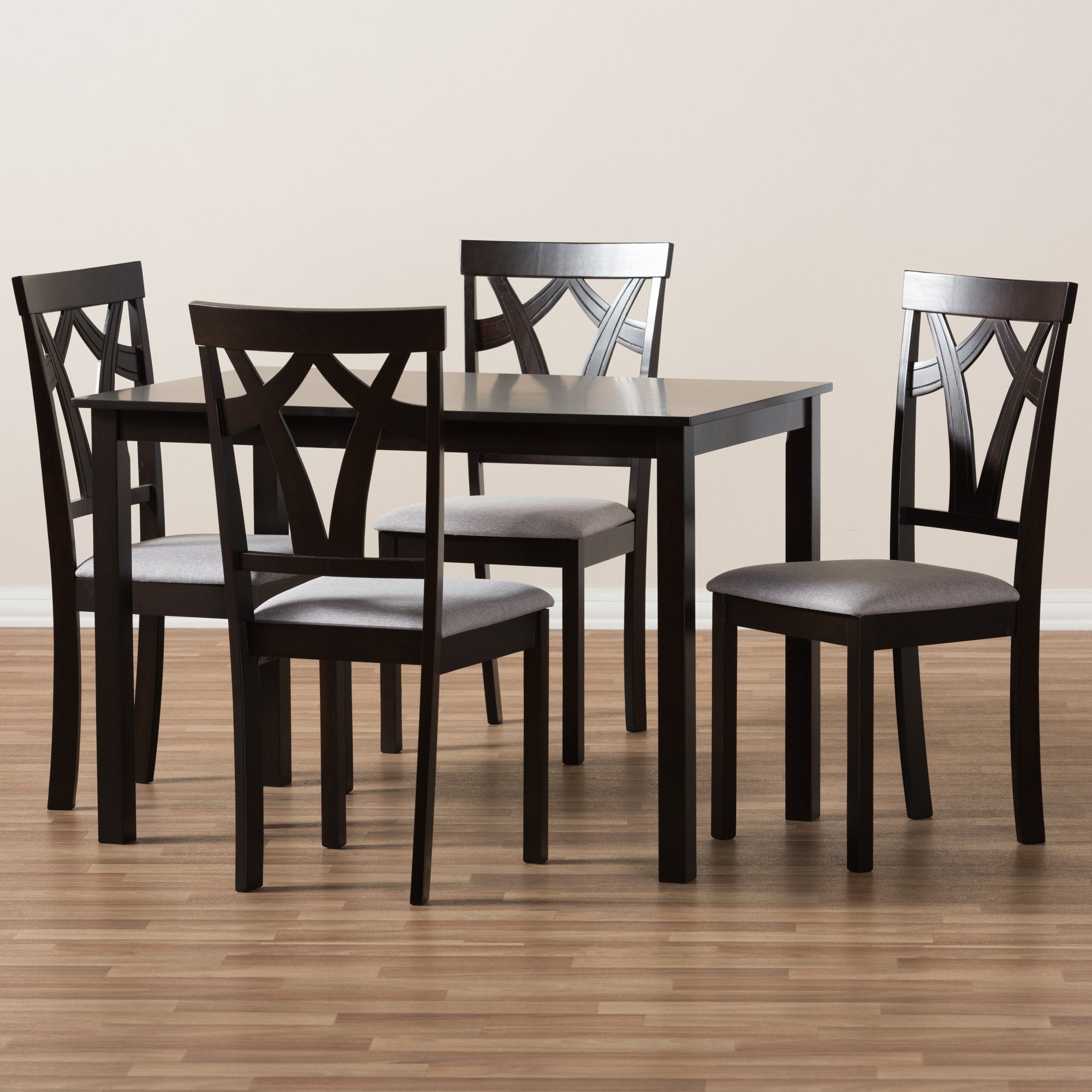 Baxton Studio Sylvia Modern and Contemporary Grey Fabric Upholstered and Dark Brown Finished 5-Piece Dining Set