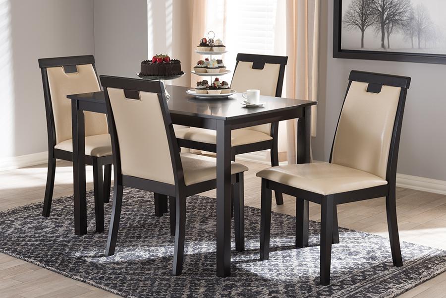 Baxton Studio Evelyn Modern and Contemporary Beige Faux Leather Upholstered and Dark Brown Finished 5-Piece Dining Set