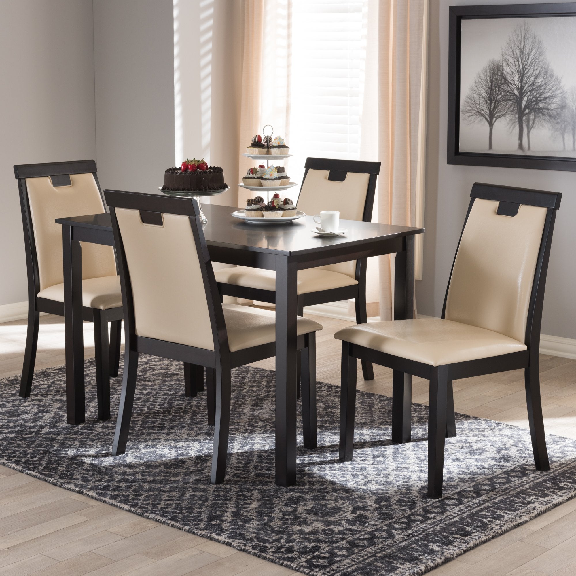 Baxton Studio Evelyn Modern and Contemporary Beige Faux Leather Upholstered and Dark Brown Finished 5-Piece Dining Set