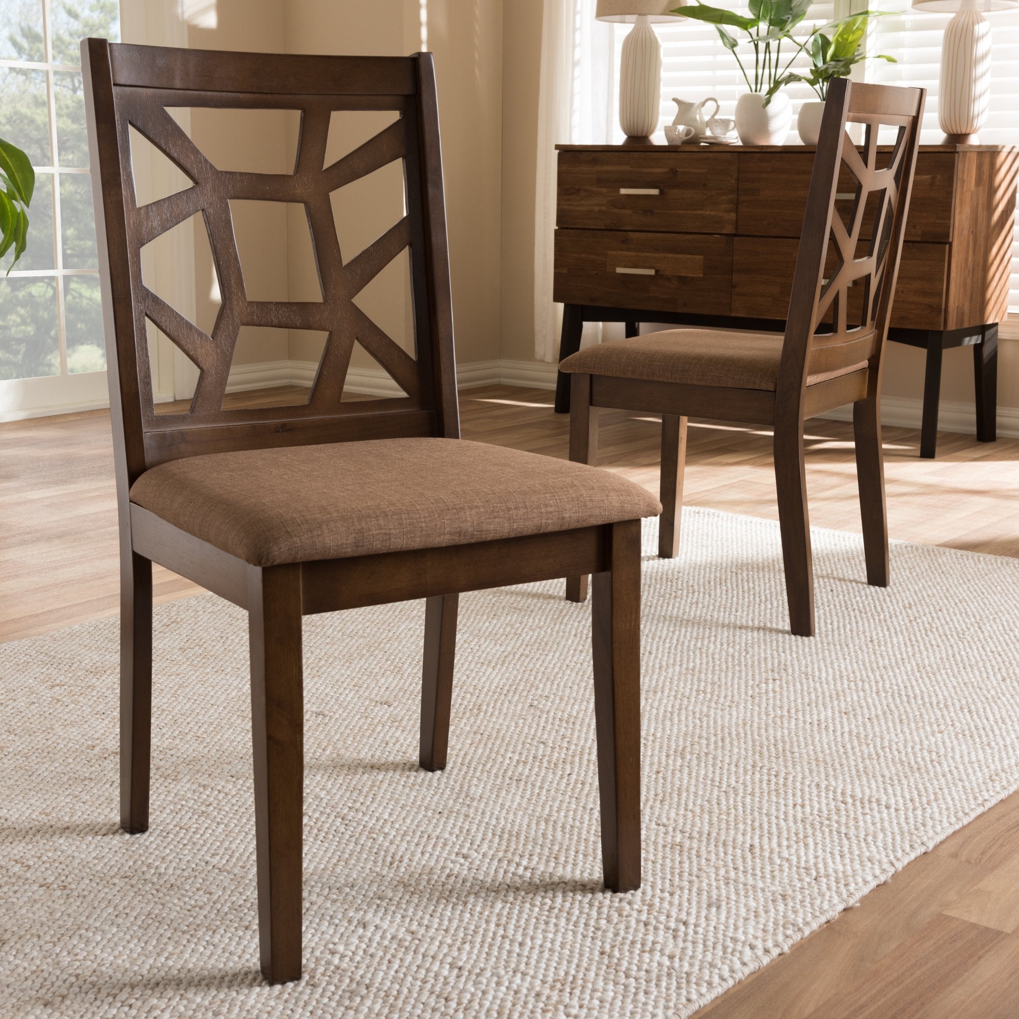 Baxton Studio Abilene Mid-Century Light Brown Fabric Upholstered and Walnut Brown Finished Dining Chair (Set of 2)