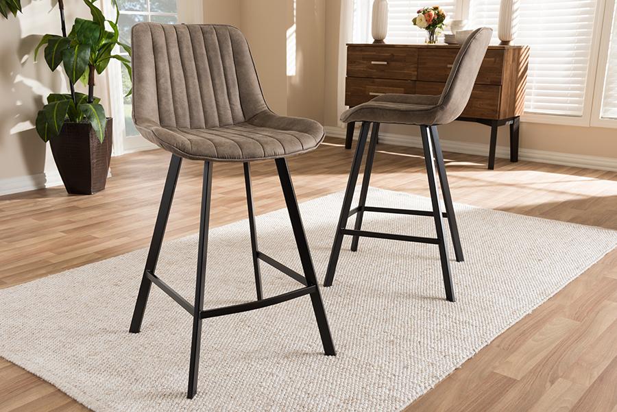 Baxton Studio Leighton Mid-Century Modern Light Brown Fabric Upholstered Counter Stool (Set of 2)