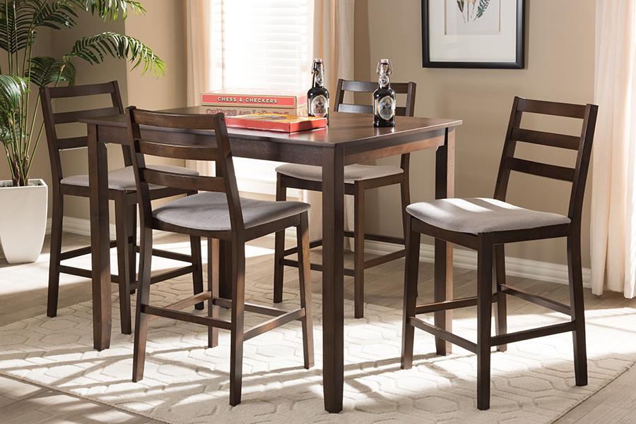 Baxton Studio Nadine Modern and Contemporary Walnut-Finished Light Grey Fabric Upholstered 5-Piece Pub Set