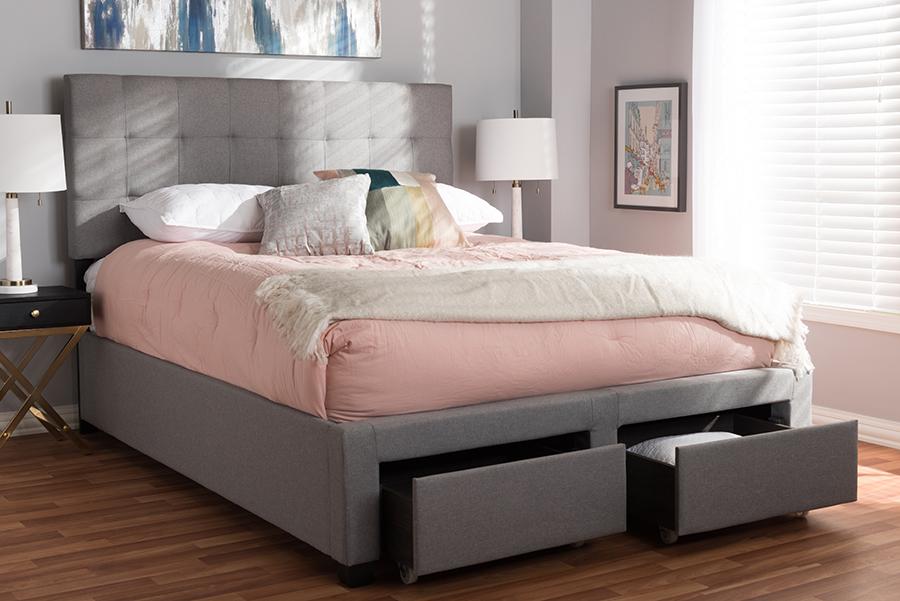 Baxton Studio Tibault Modern and Contemporary Grey Fabric Upholstered Queen Size Storage Bed