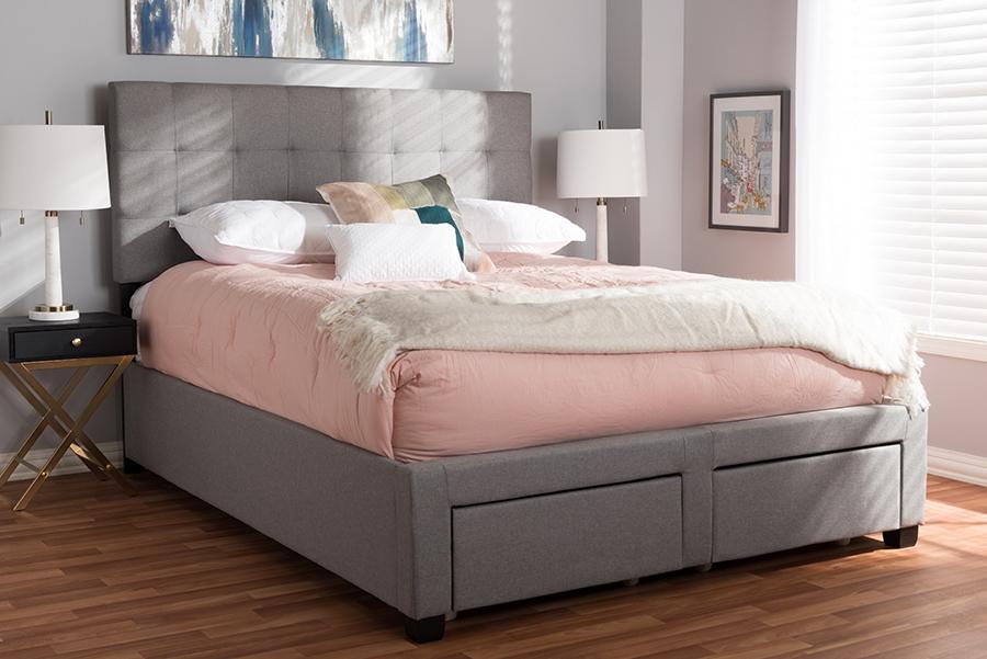 Baxton Studio Tibault Modern and Contemporary Grey Fabric Upholstered Queen Size Storage Bed