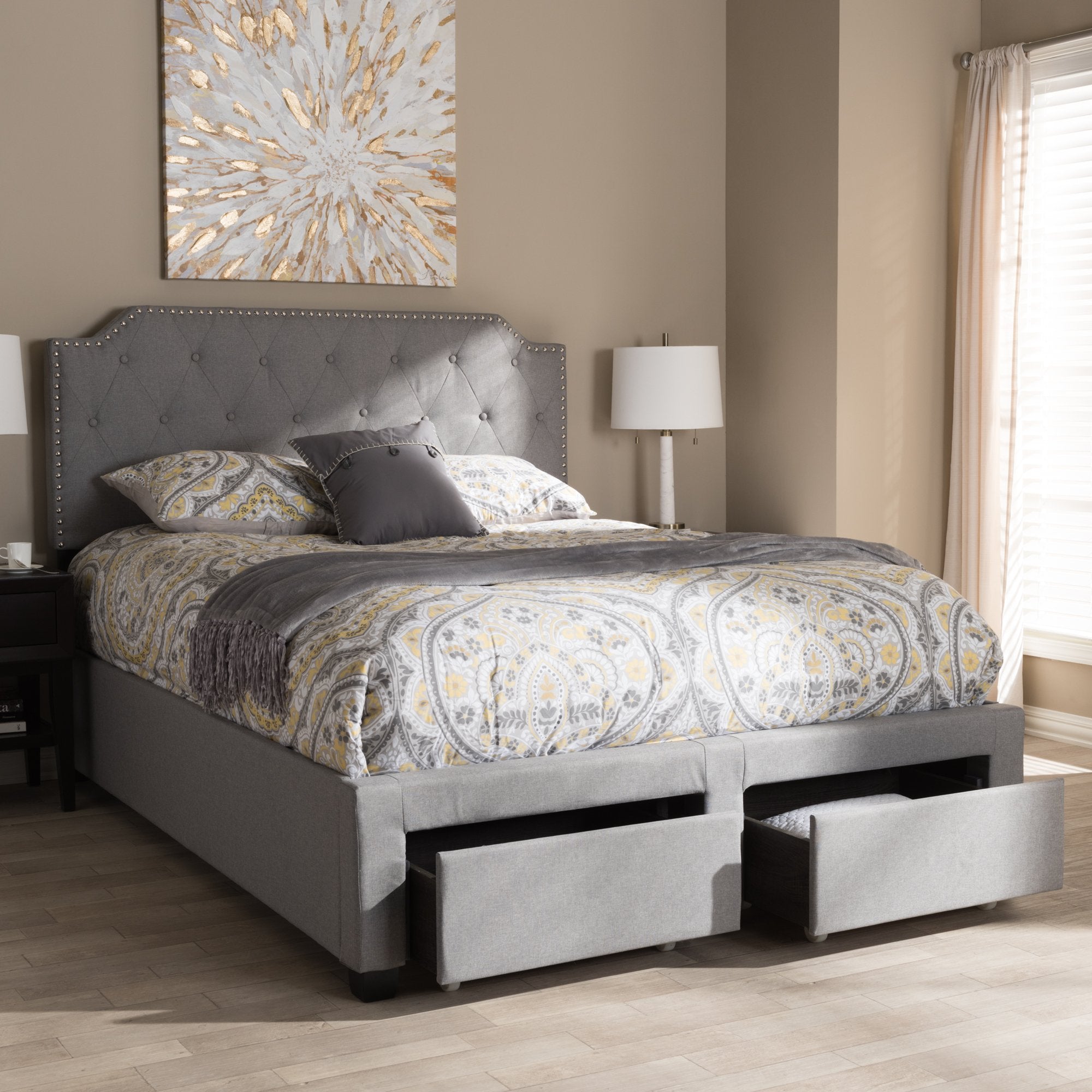 Baxton Studio Aubrianne Modern and Contemporary Grey Fabric Upholstered King Size Storage Bed