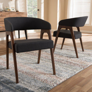 Baxton Studio Tory Mid-Century Modern Walnut Wood Dark Grey Fabric Dining Chair (Set of 2)