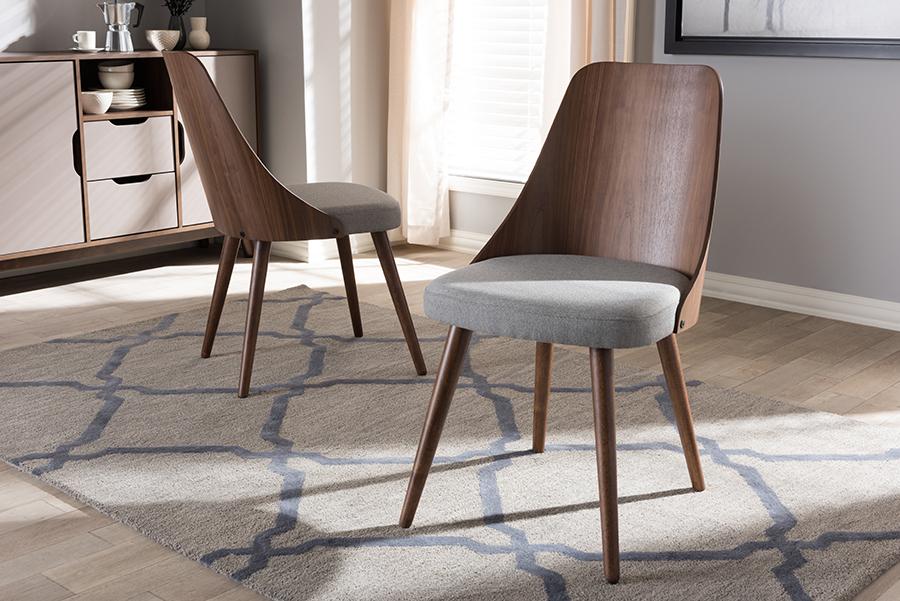 Baxton Studio Romily Mid-Century Modern Walnut Wood Light Grey Fabric Dining Chair (Set of 2)