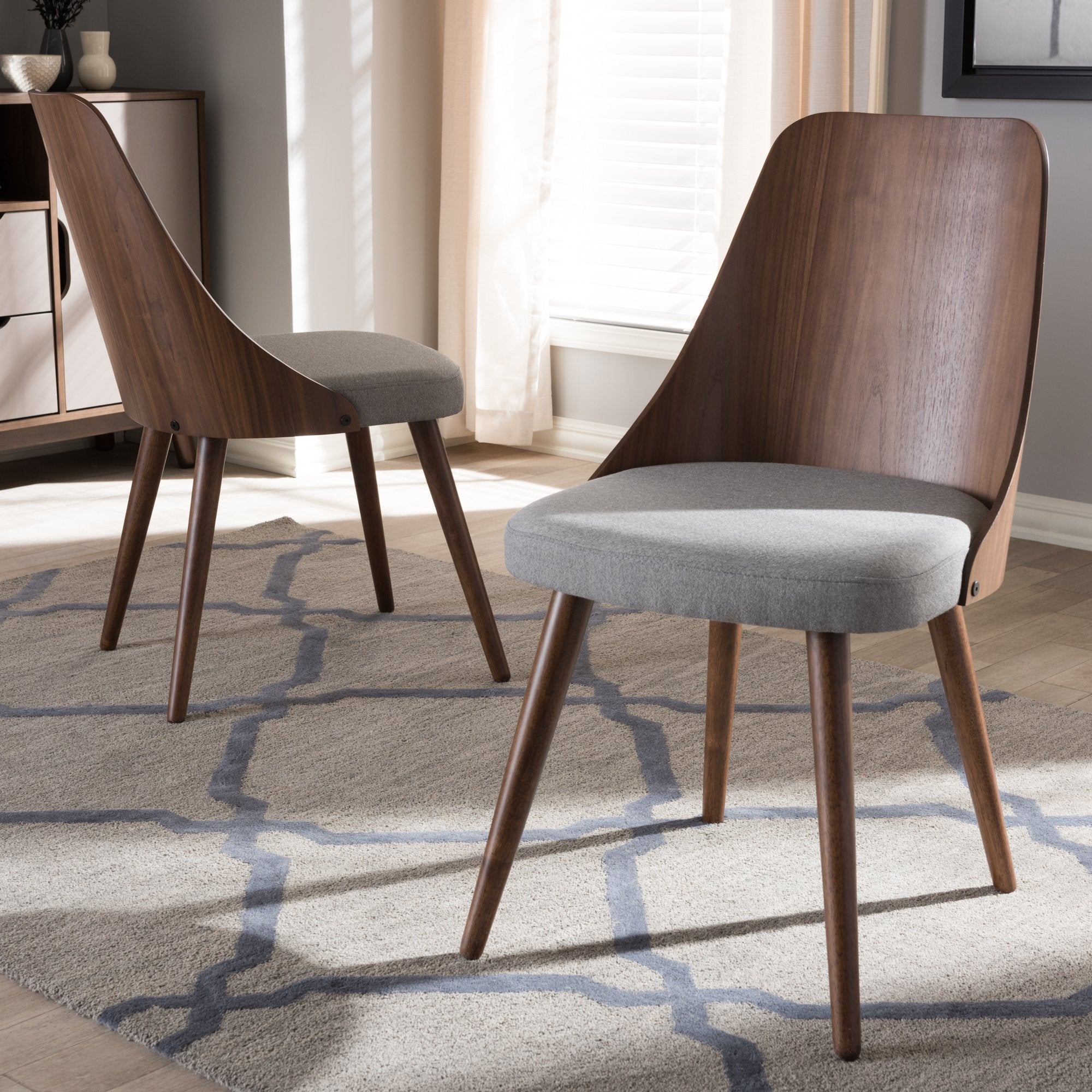 Baxton Studio Romily Mid-Century Modern Walnut Wood Light Grey Fabric Dining Chair (Set of 2)