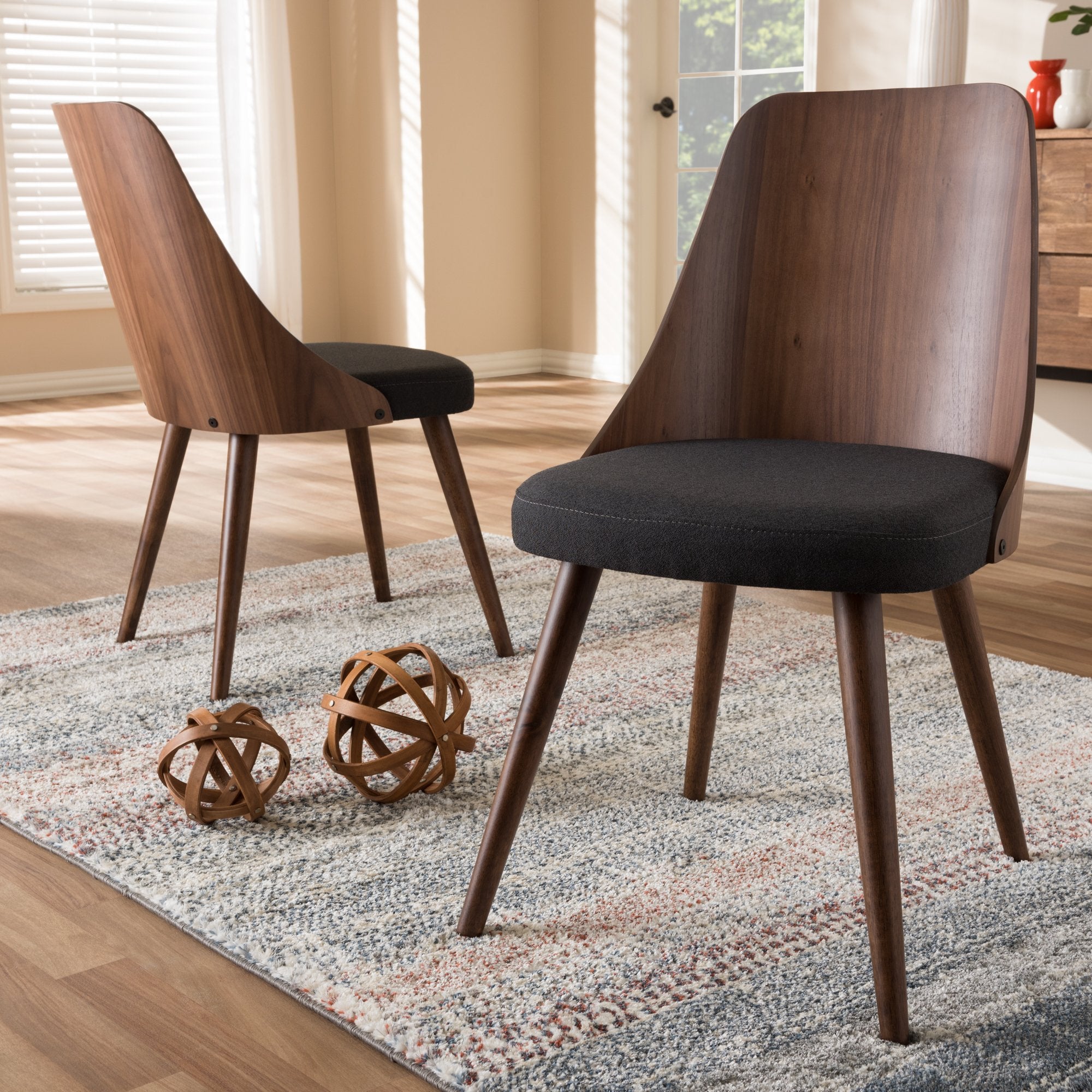 Baxton Studio Romily Mid-Century Modern Walnut Wood Dark Grey Fabric Dining Chair (Set of 2)