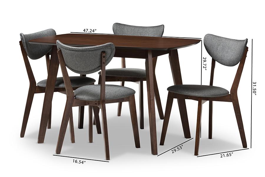 Baxton Studio Hadrea Mid-century Modern Walnut-Finished Dark Grey Fabric Upholstered 5-Piece Dining Set