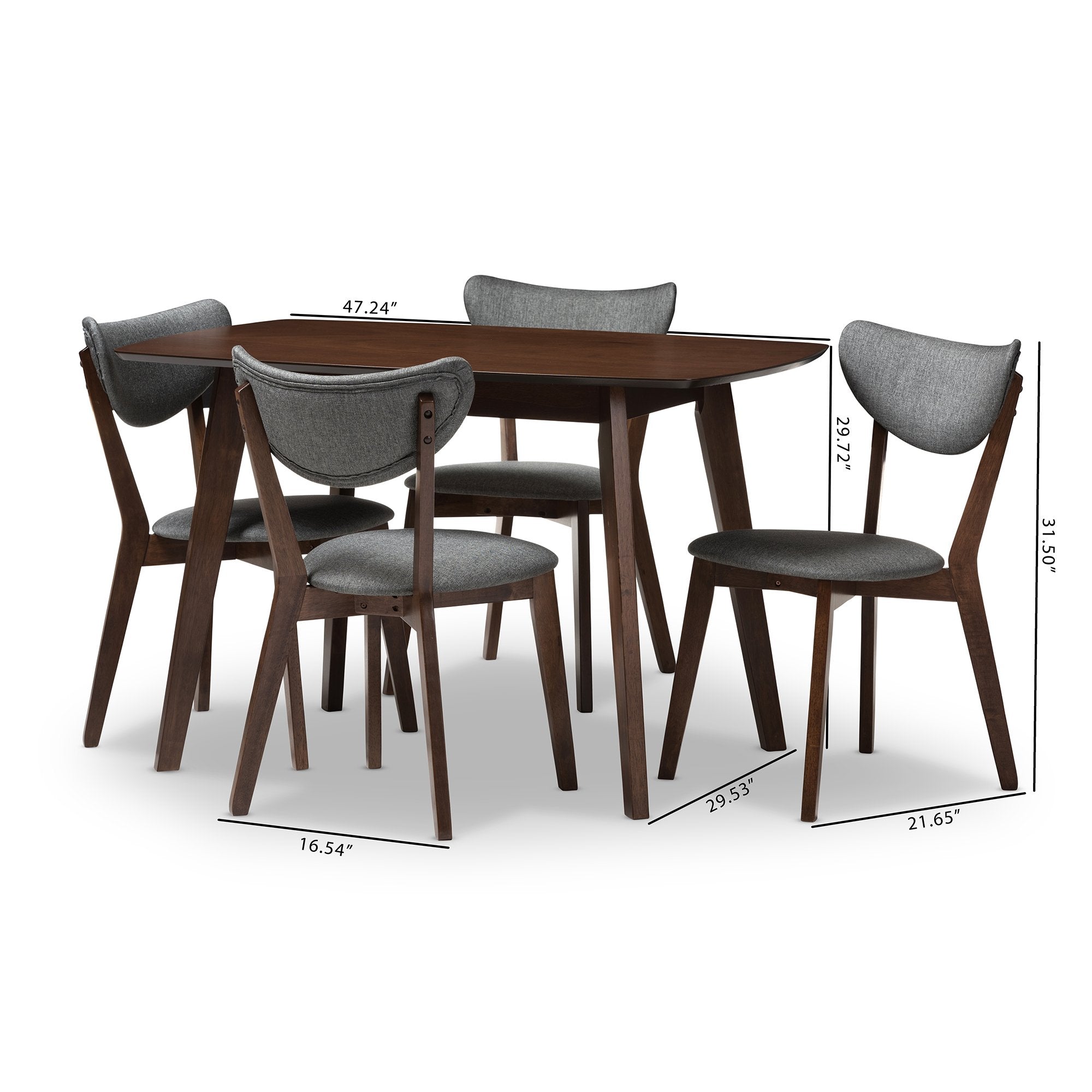 Baxton Studio Hadrea Mid-century Modern Walnut-Finished Dark Grey Fabric Upholstered 5-Piece Dining Set