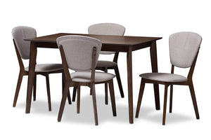 Baxton Studio Tarelle Mid-Century Modern Walnut-Finished Light Grey Fabric Upholstered 5-Piece Dining Set