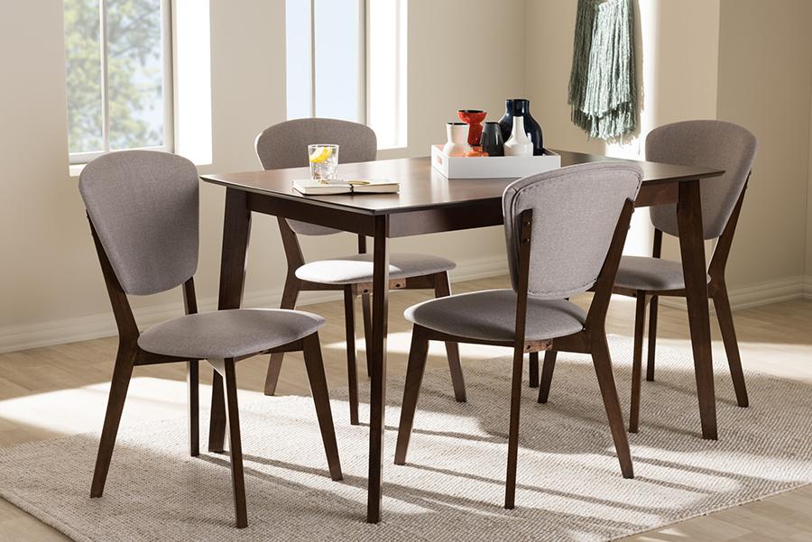 Baxton Studio Tarelle Mid-Century Modern Walnut-Finished Light Grey Fabric Upholstered 5-Piece Dining Set