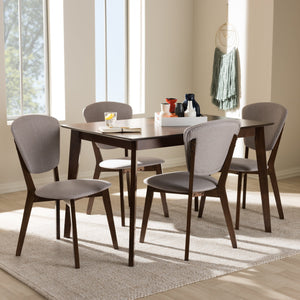 Baxton Studio Tarelle Mid-Century Modern Walnut-Finished Light Grey Fabric Upholstered 5-Piece Dining Set