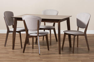 Baxton Studio Tarelle Mid-Century Modern Walnut-Finished Light Grey Fabric Upholstered 5-Piece Dining Set