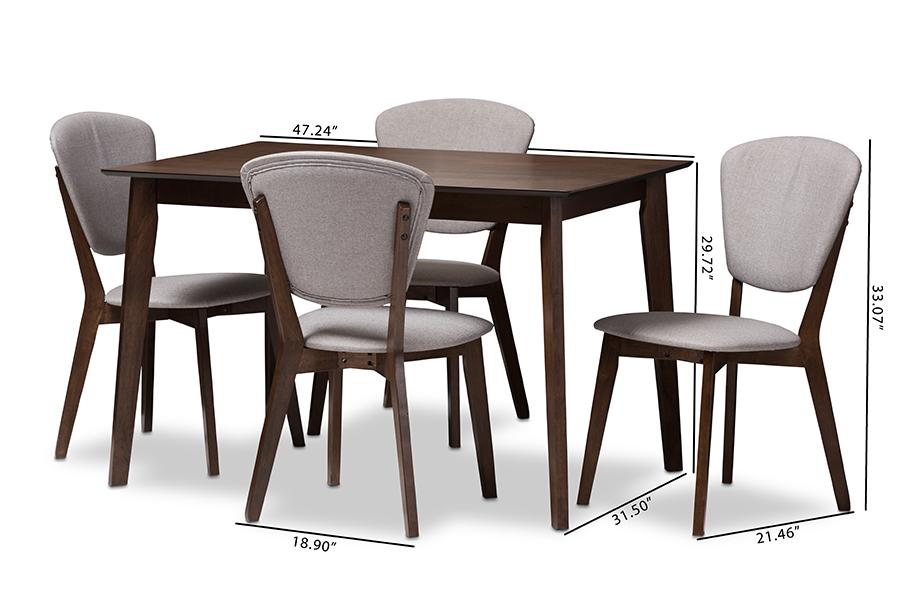 Baxton Studio Tarelle Mid-Century Modern Walnut-Finished Light Grey Fabric Upholstered 5-Piece Dining Set