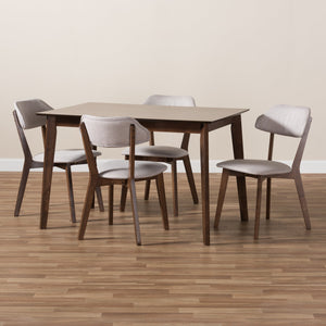 Baxton Studio Matilda Mid-Century Modern Walnut-Finished Light Grey Fabric Upholstered 5-Piece Dining Set