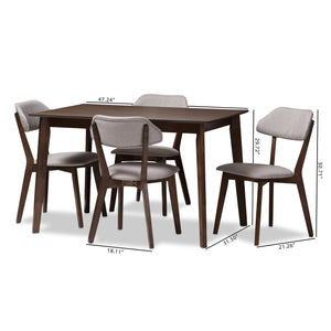 Baxton Studio Matilda Mid-Century Modern Walnut-Finished Light Grey Fabric Upholstered 5-Piece Dining Set