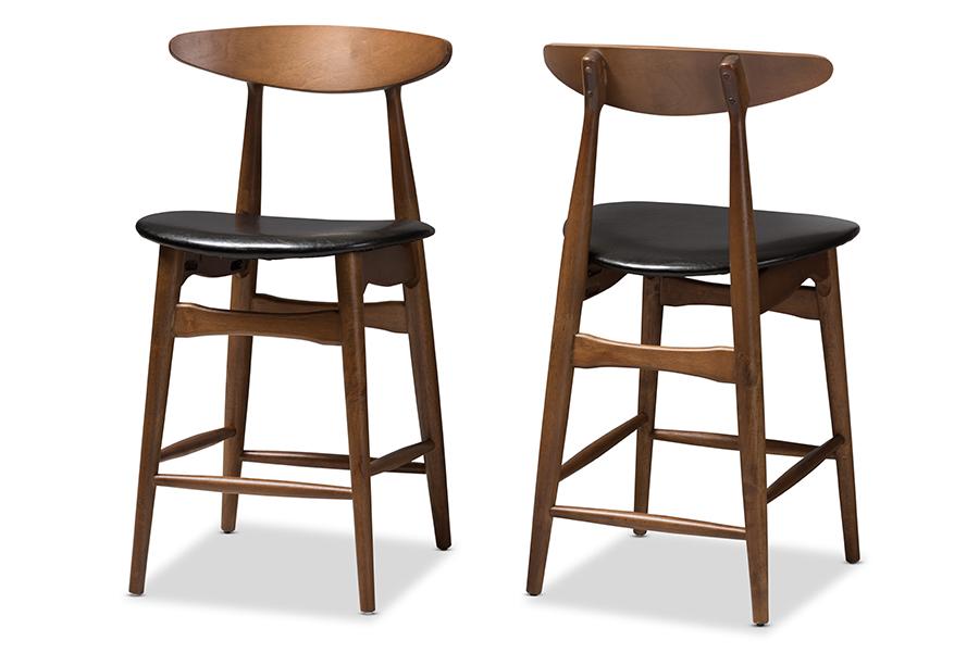 Baxton Studio Flora Mid-Century Modern Black Faux Leather Upholstered Walnut Finished Counter Stool (Set of 2)