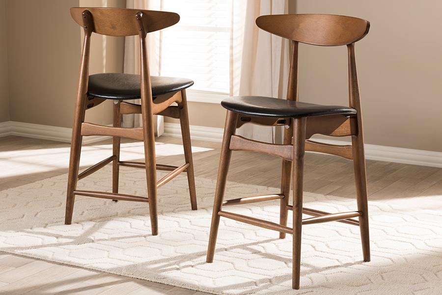 Baxton Studio Flora Mid-Century Modern Black Faux Leather Upholstered Walnut Finished Counter Stool (Set of 2)