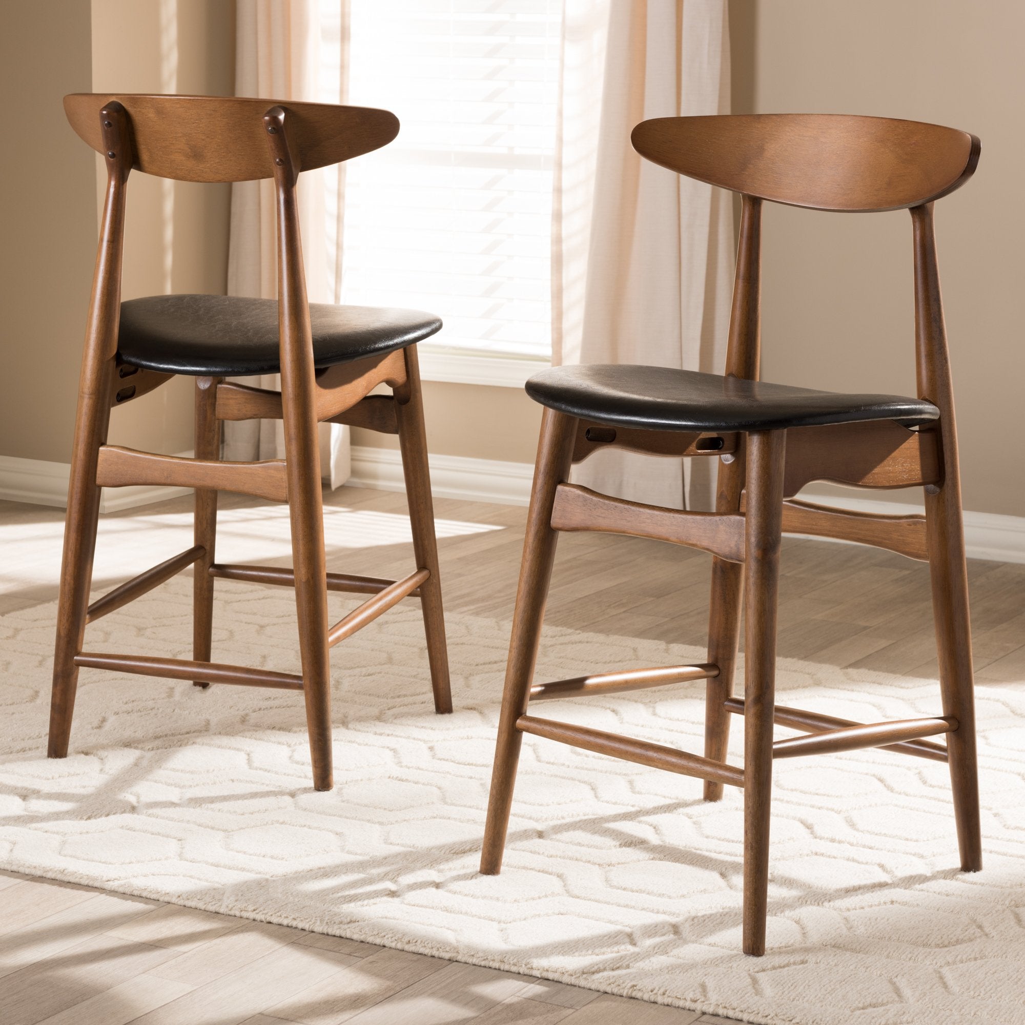 Baxton Studio Flora Mid-Century Modern Black Faux Leather Upholstered Walnut Finished Counter Stool (Set of 2)