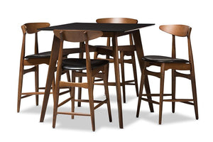 Baxton Studio Flora Mid-Century Modern Black Faux-Leather Upholstered Walnut Finished 5-Piece Pub Set