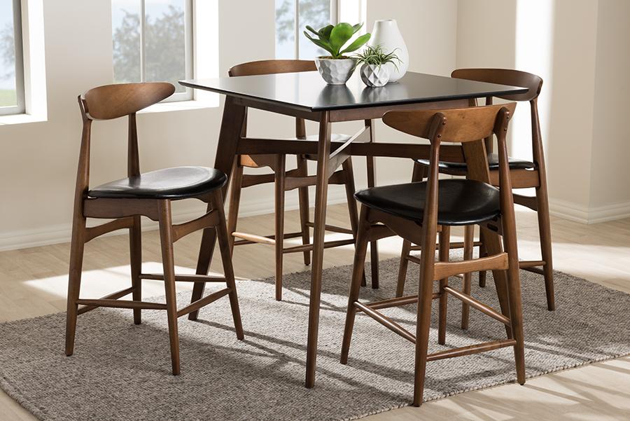 Baxton Studio Flora Mid-Century Modern Black Faux-Leather Upholstered Walnut Finished 5-Piece Pub Set