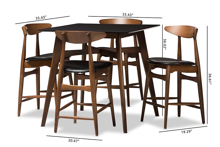 Baxton Studio Flora Mid-Century Modern Black Faux-Leather Upholstered Walnut Finished 5-Piece Pub Set