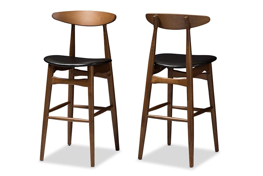 Baxton Studio Flora Mid-Century Modern Black Faux Leather Upholstered Walnut Finished Bar Stool (Set of 2)